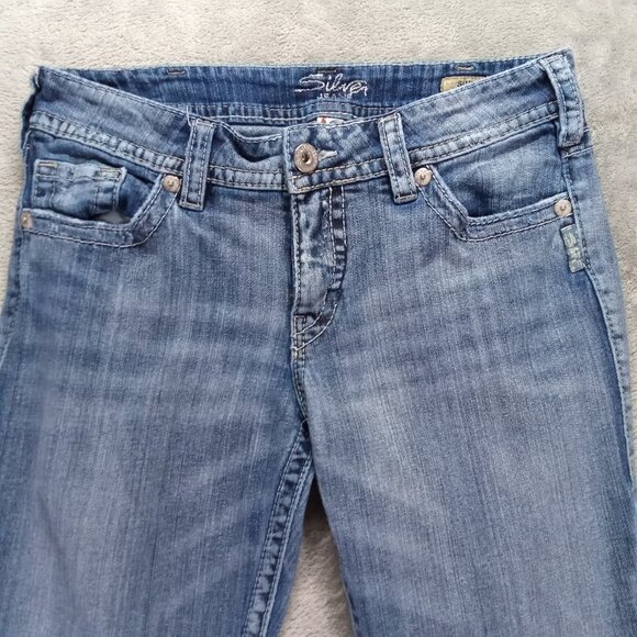 Silver Jeans Women's 32x31.5, Tag 30x32 Suki Bootcut Blue Stretch Distressed - Picture 3 of 15